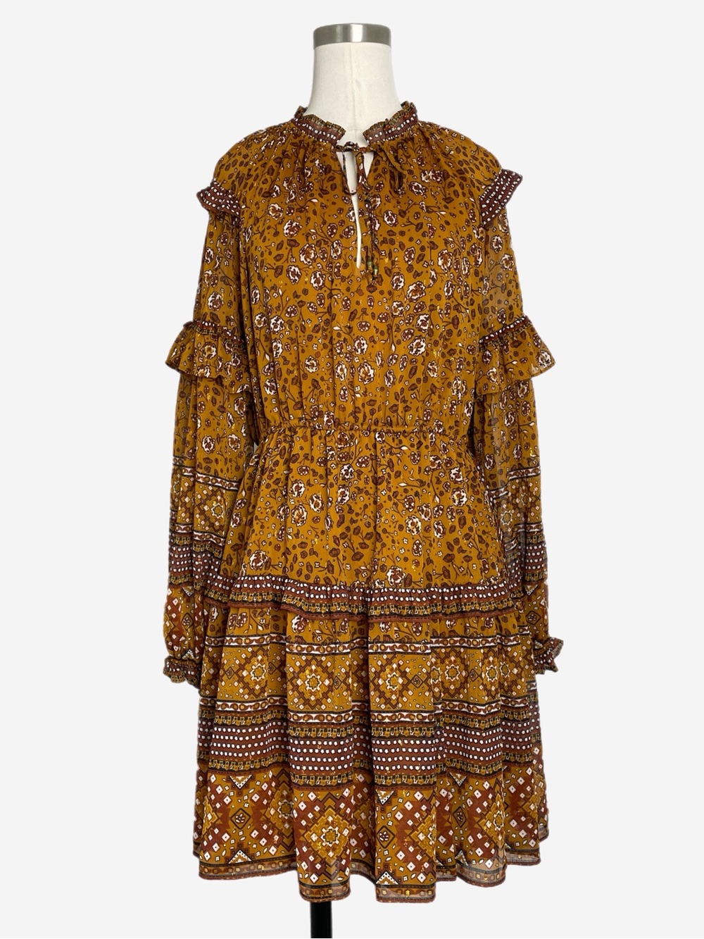 House of Harlow 1960 Mustard brown tiered ruffle long sleeve mini dress boho M